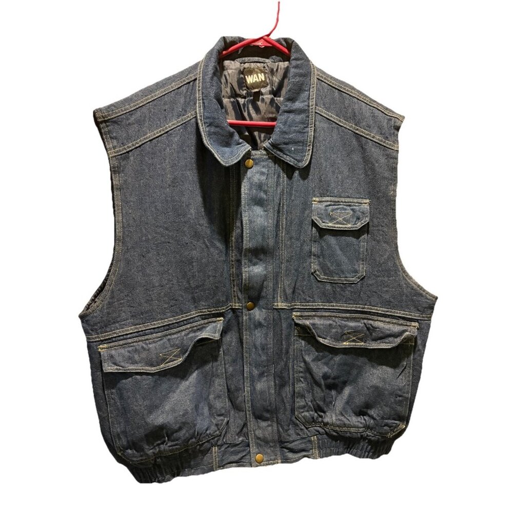 WAN Denim Vest Men XL,zip & button front, insulated, quilted interior, roomy